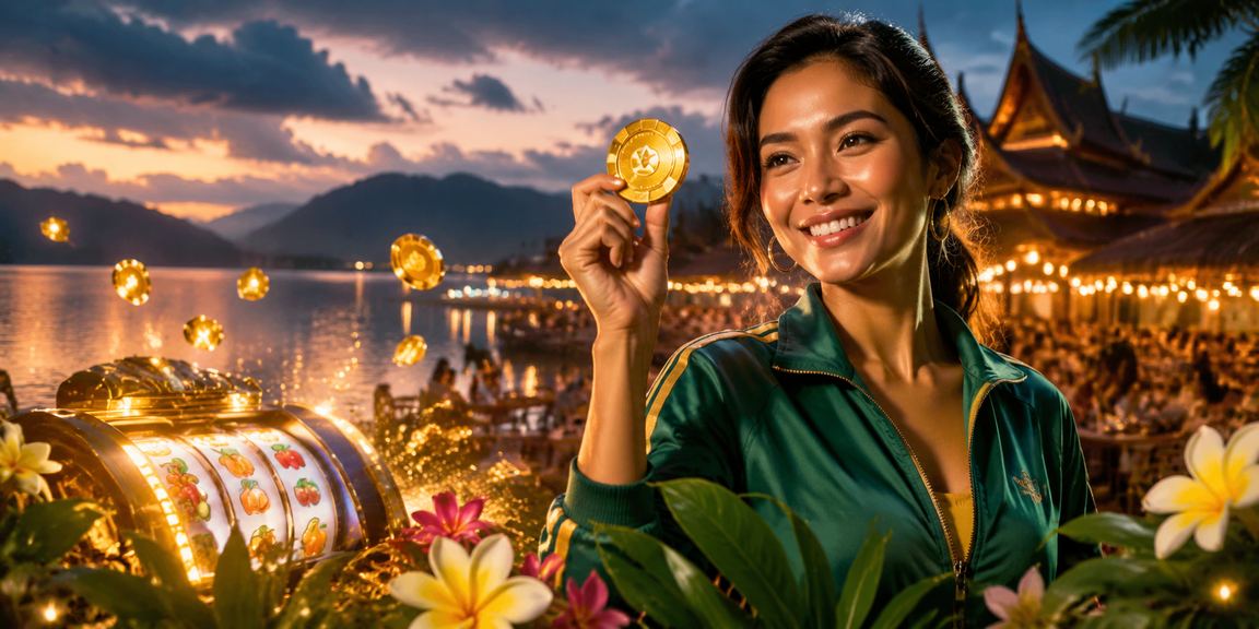 Suasana festival malam dengan permainan slot digital berwarna-warni